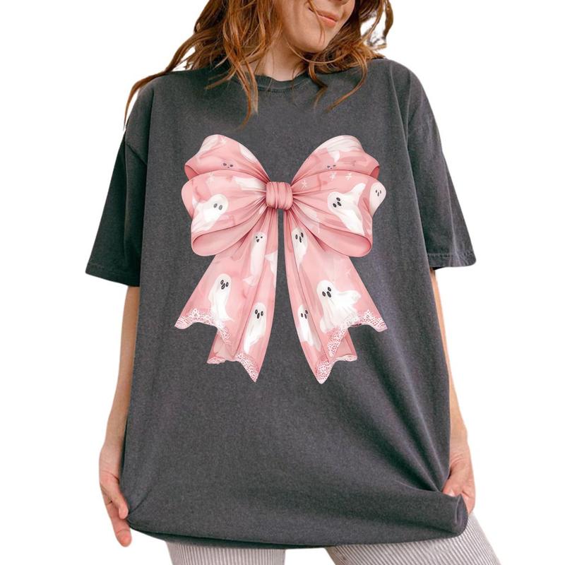 Pink Ghost Bow Coquette T-Shirt, Halloween Coquette Bow Shirt, Ghost Halloween, Halloween Shirt, Girly Halloween Shirt