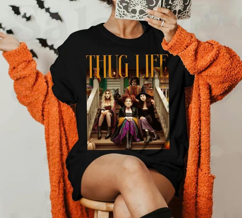 Thug Life Halloween Bad W1tches Shirt, Retro Halloween Character Shirt, Halloween S4nderson Sisters Gift Casual Cotton Fabric Sleeve Top Womenswear