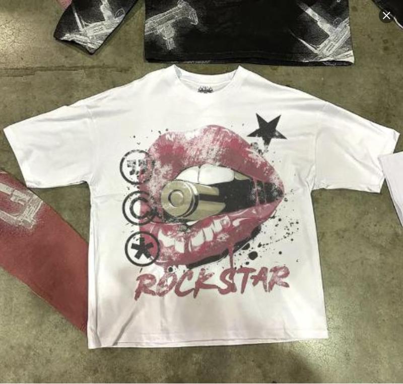 Rockstar Tee, white, screen print, unisex, red, streetwear, lips, grunge, vintage, goth, opium, short sleeveAesthetic Streetwear Y2k Tees Streetwear M