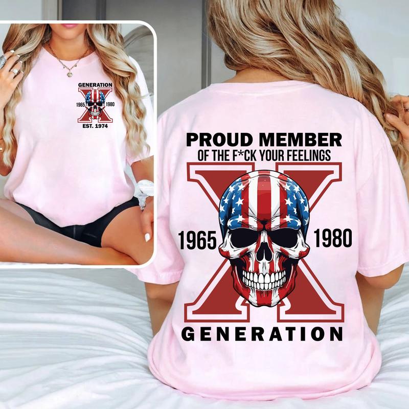 Custom Est.Year 1968 Flag Skull GenerationX 2 Side Skull Shirt, GenX T-shirt, Skull Proud Member Generation X Shirt, Skull Shirt V2