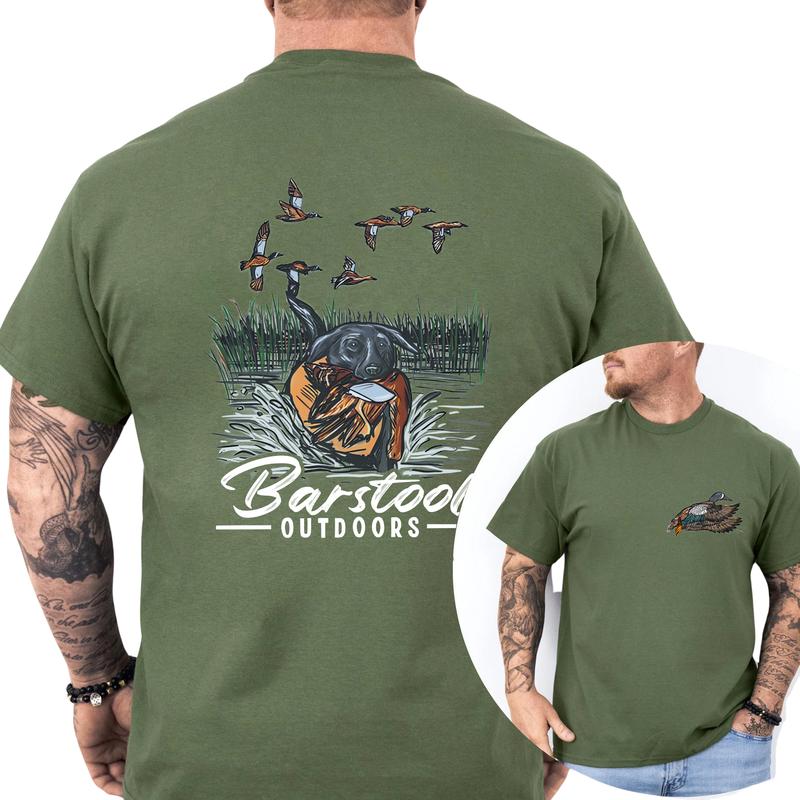 BARSTOOL OUTDOORS DUCK HUNT 2-Sided T-Shirt, Hunting Season Gift For Men, Mallard Hunting Shirt, Soft Cotton Fabric Menswear, Classic Hunter Top