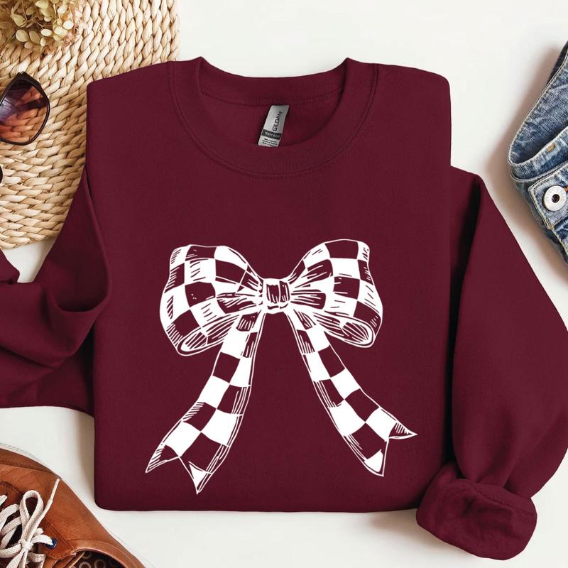 Coquette Checkered Black Bow Sweatshirt, Coquette Bow Sweater, Gift for Women