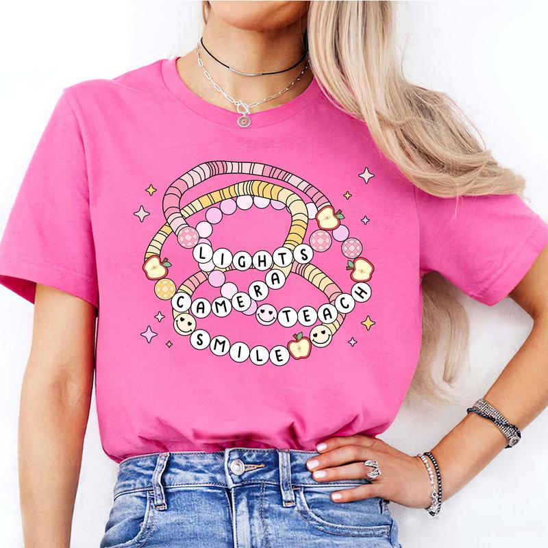 Lights Camera Teach Smile, Teacher Shirt, Back To School Clothing, Groovy Teacher Shirt, Teacher Friendship Bracelet Shirt, First Day Of School, Teach