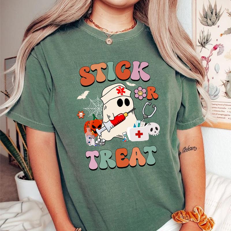 Nurse Halloween Shirt, Spooky Nurse Shirt, Stick Or Treat, Halloween Party Nurse Crew Shirts, Fall Nurse Shirt, Halloween Party Costume Casual Comfort