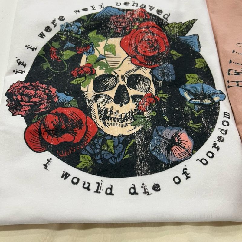 Skull Tshirts Painted Skull Tees Painted Floral Skull Tops Floral Skull T-Shirts Womens Floral Skulls Tops Skeleton Rocker Tees Girly Skull T-Shirts