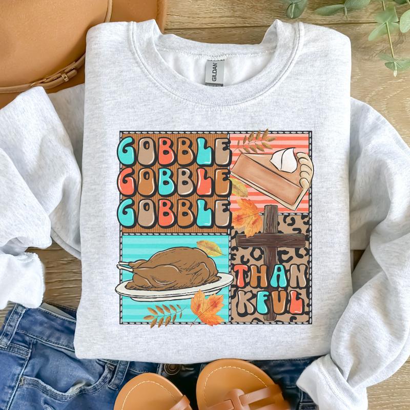 Gobble Gobble Gobble Thankful Sweatshirt - Ash Grey - Sublimation Womenswear Casual Comfort - Thanksgiving