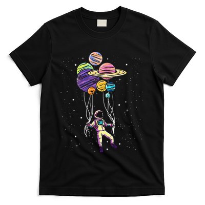Funny Astronaut Holding Planet Balloons Stem T-Shirt