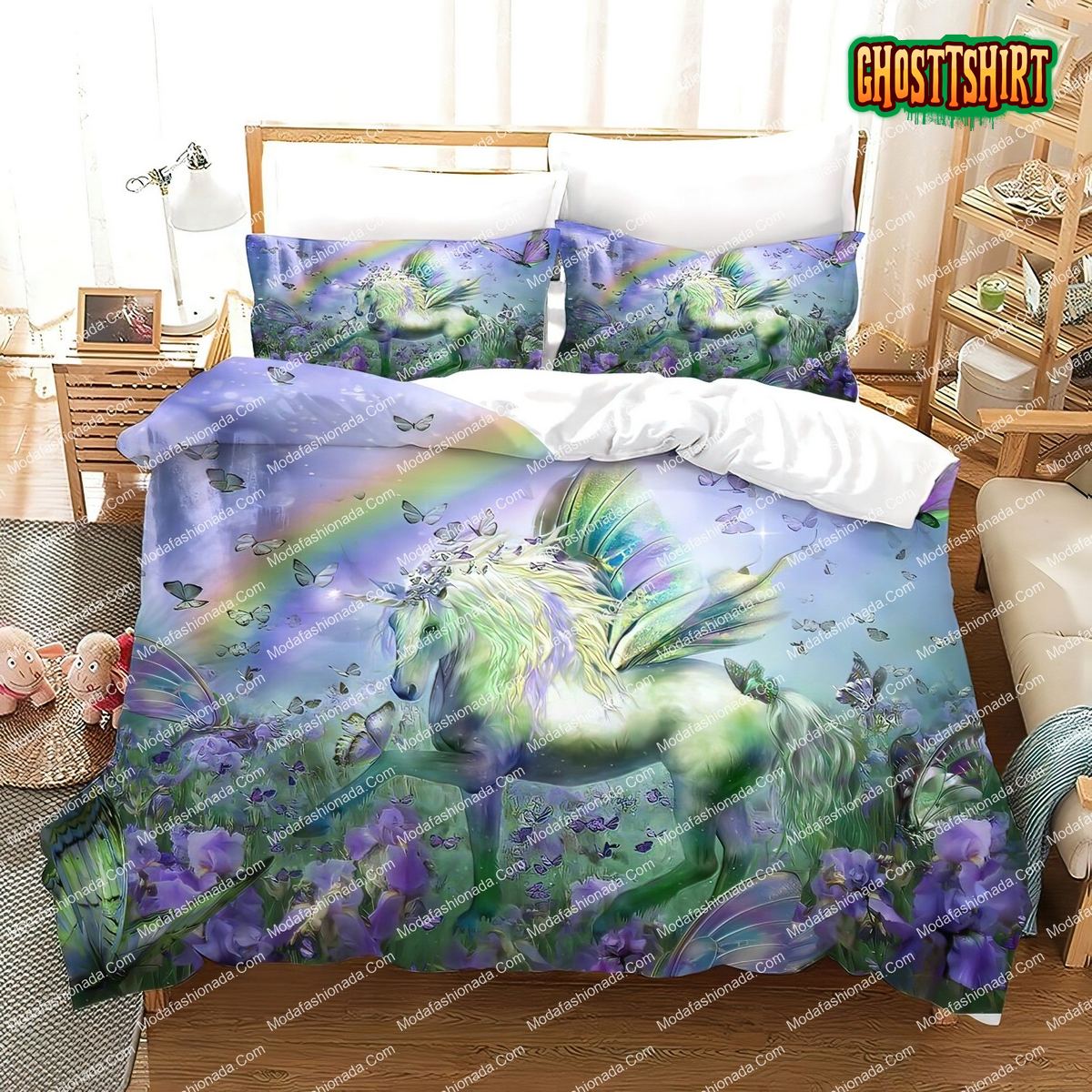 Floral Unicorn Green Fantasy Glittery Horse Bedding Set