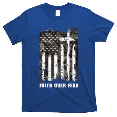 Faith Over Fear Christian Cross Camouflage American Flag T-Shirt