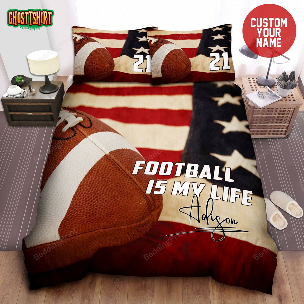 Football Is My Life American Flag Personalized Custom Name Duvet Cover Bedding Set