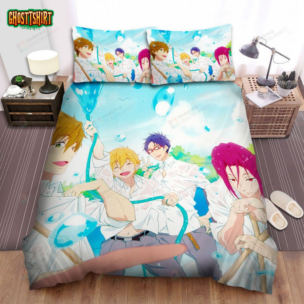 Free! Characters Playing Water Fight Bed Sheets Spread Comforter Duvet Cover Bedding Set