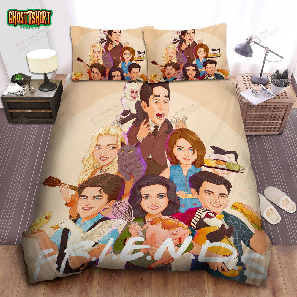 Friends In Cartoon Characters Illustration Bed Sheets Spread Comforter Duvet Cover Bedding Set