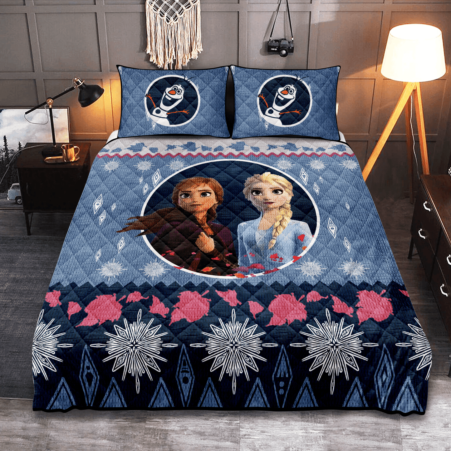 Personalized Christmas Frozen Elsa Anna 3-pc Quilt Bedding Set for Kids Frozen