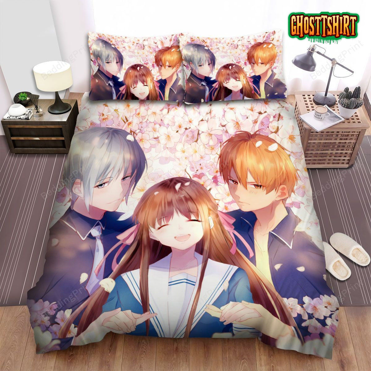 Fruits Basket Characters With Sakura Flowers Bed Sheets Duvet Cover Bedding Set