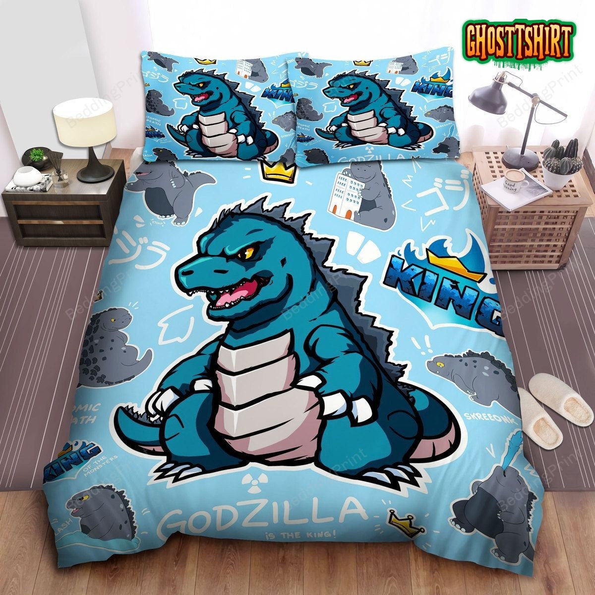 Funny Godzilla King Of The Monsters Drawings Pattern Bed Sheets Duvet Cover Bedding Set