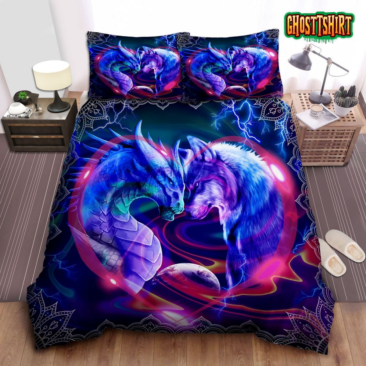 Galaxy Dragon And Wolf Bed Sheets Duvet Cover Bedding Set