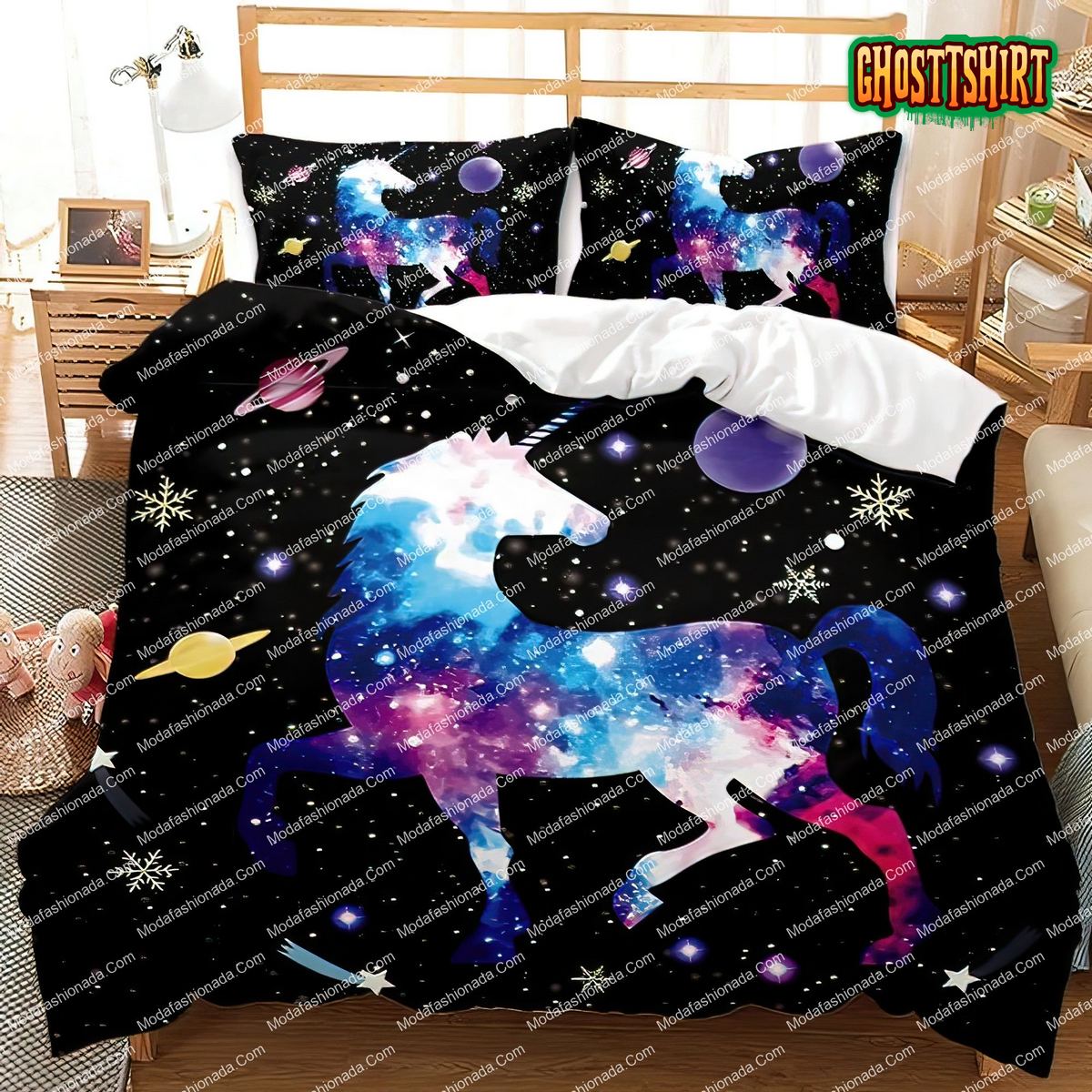Galaxy Unicorn Black White Bedding Set