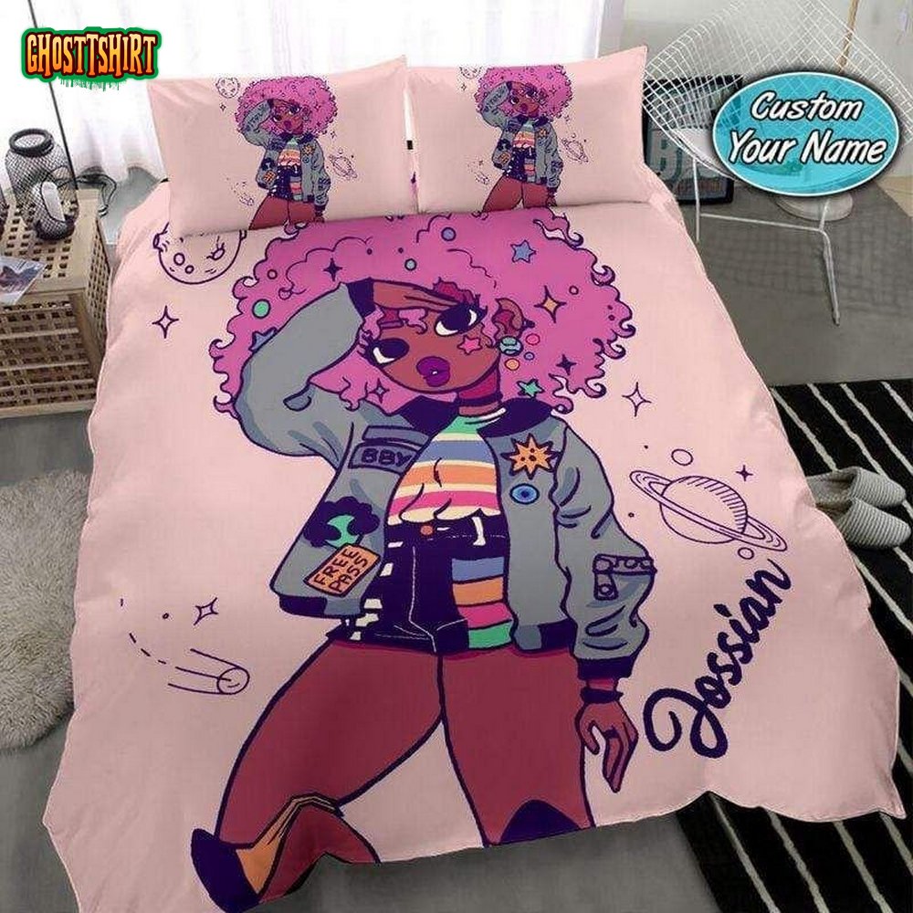 Galaxy Universe Black Girl Pink Afro Magic Custom Name Duvet Cover Bedding Set