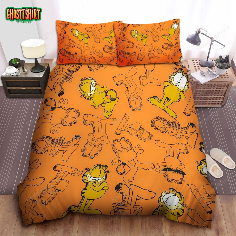 Garfield Funny Emotions All Over Printed Orange Bed Sheets Duvet Cover Bedding Set