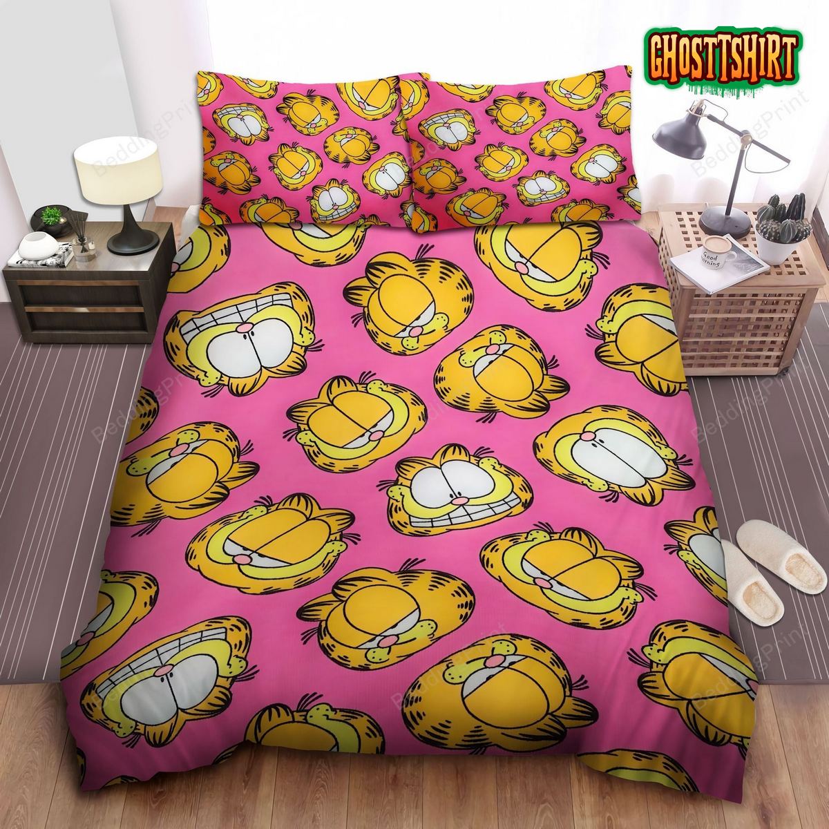 Garfield Funny Faces All Over Printed In Pink Bed Sheets Duvet Cover Bedding Set