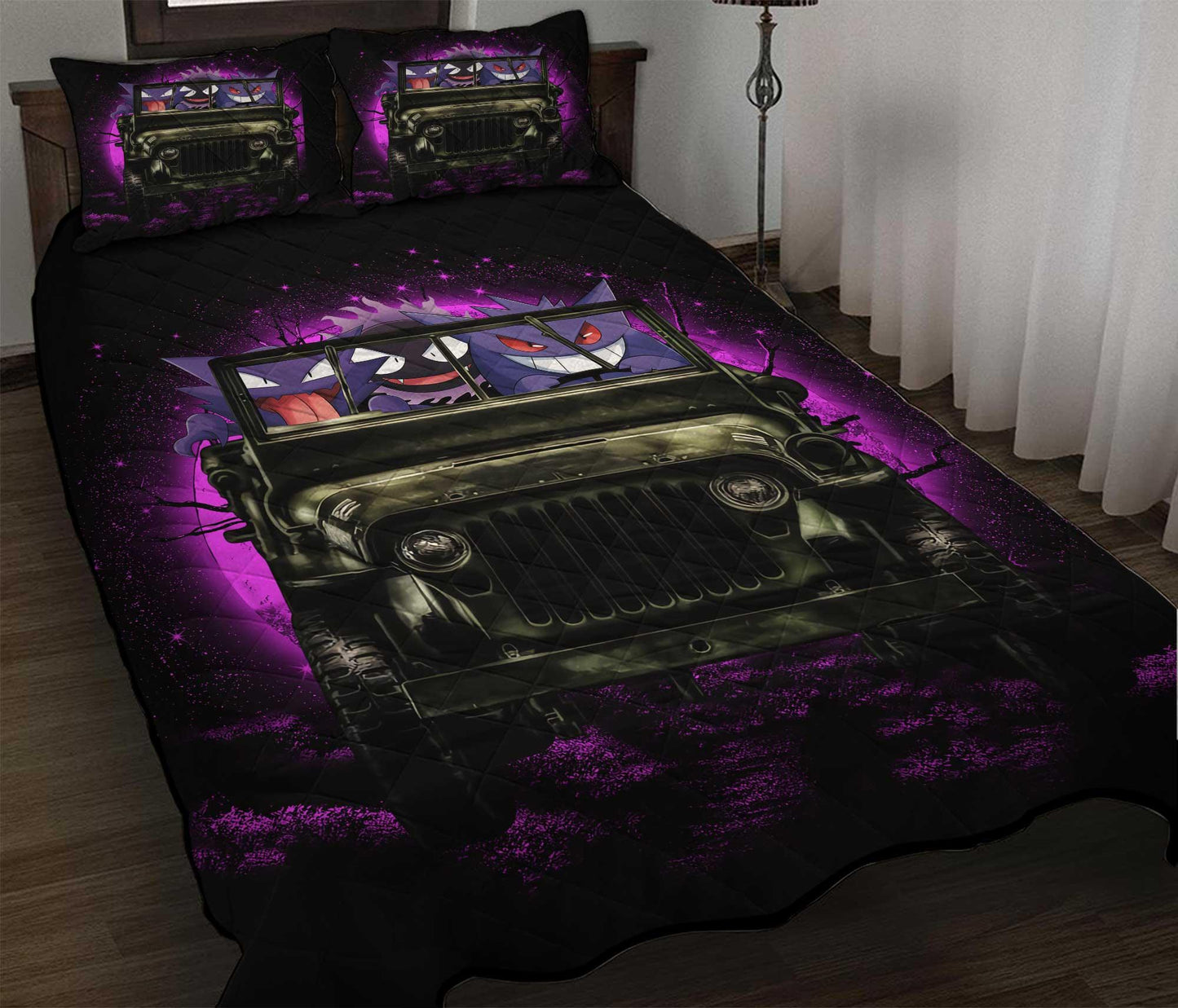 Personalized Gengar Ghost 3-pc Quilt Bedding Set – Funny Halloween Moonlight Bedding