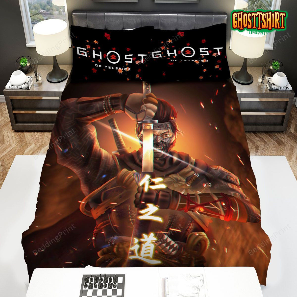 Ghost Of Tsushima Jin Sakai In Sakai Mask With The Katana Sword Bed Sheets Duvet Cover Bedding Set