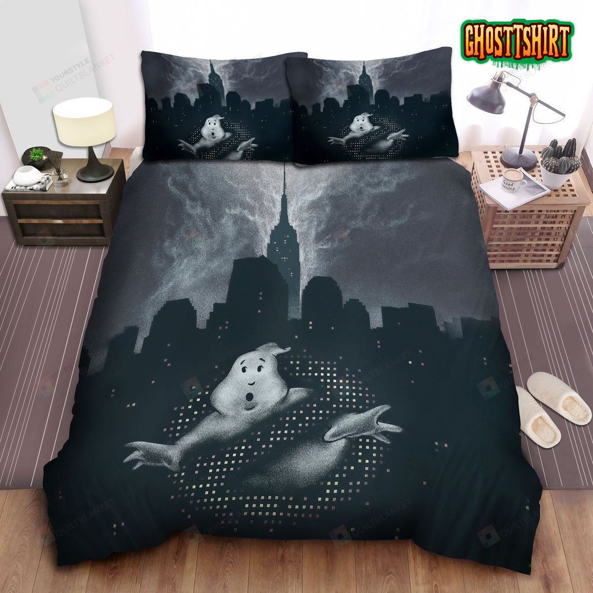 Ghostbusters Logo In Scary City Bed Sheets Spread Duvet Cover Bedding Set
