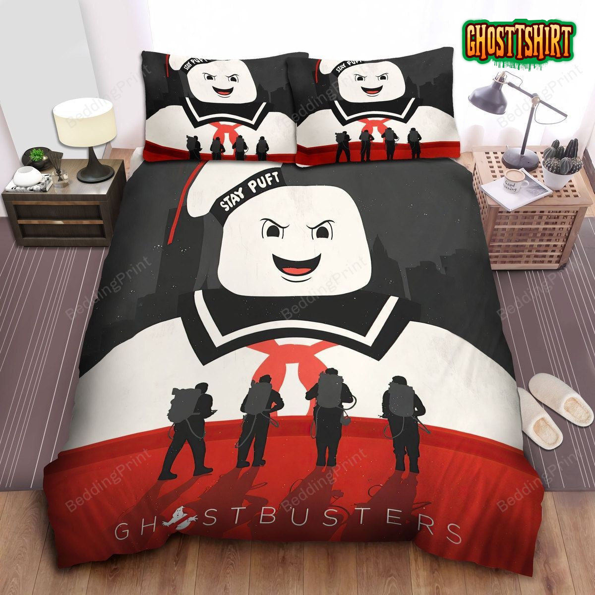 Ghostbusters Team Silhouettes And Stay Puft Marshmallow Man Bed Sheets Spread Duvet Cover Bedding Set