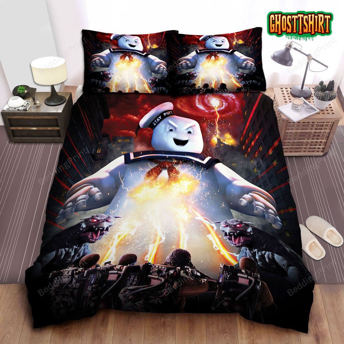 Ghostbusters Trying To Catch Stay Puft Marshmallow Man 3D Art Bed Sheets Spread Duvet Cover Bedding Set