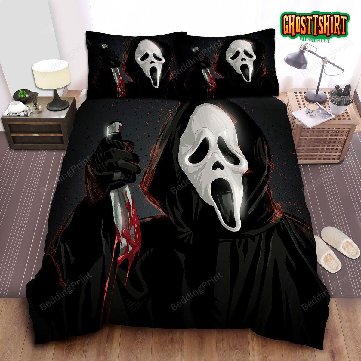 Ghostface With Bloody Knife Illustration Bed Sheets Duvet Cover Bedding Set