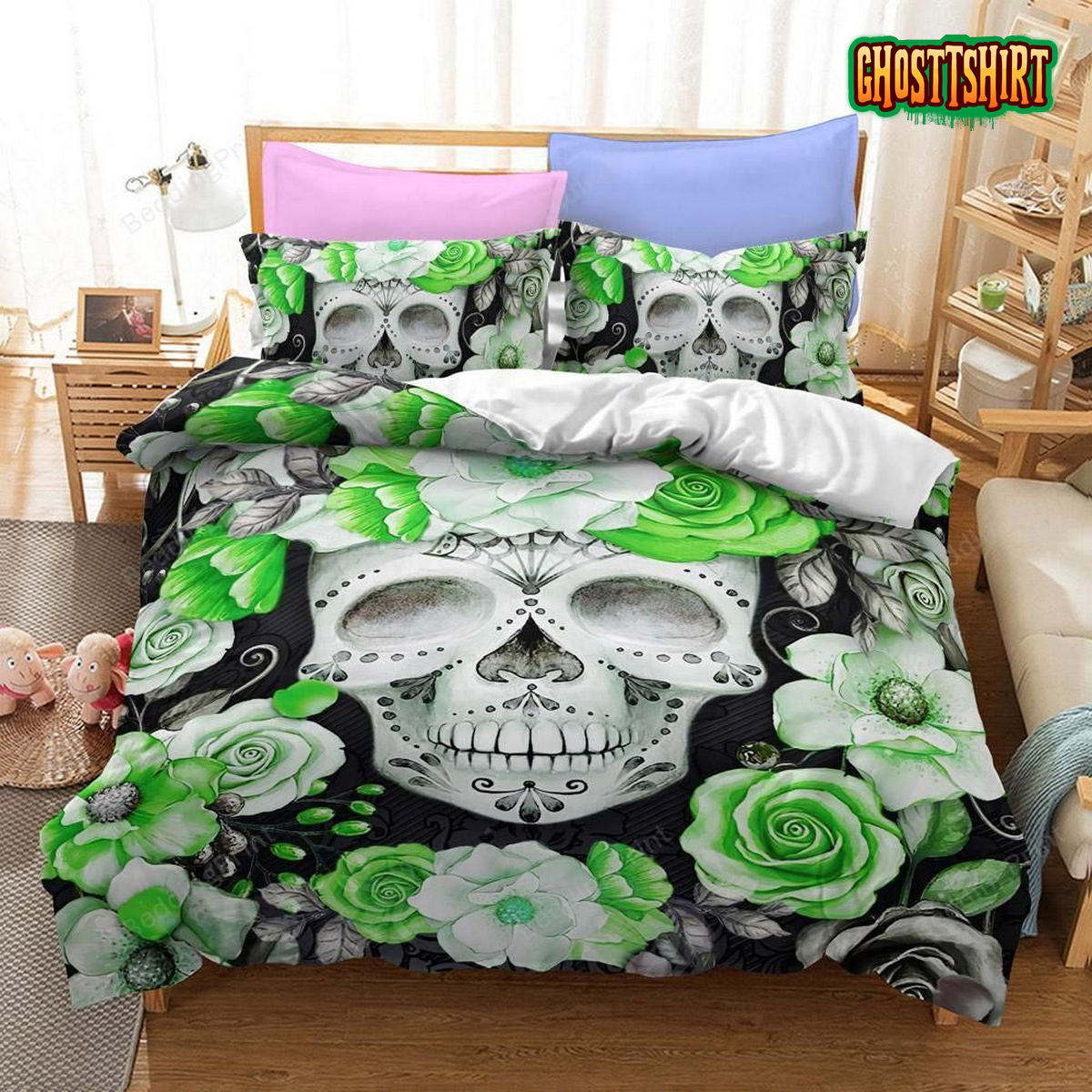 Green Flower Sugar Skull Bed Sheets Duvet Cover Bedding Set