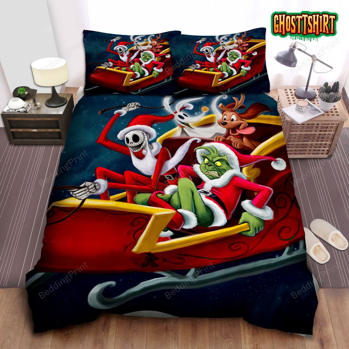 Grinch And Nightmare Before Christmas Bed Sheets Duvet Cover Bedding Set