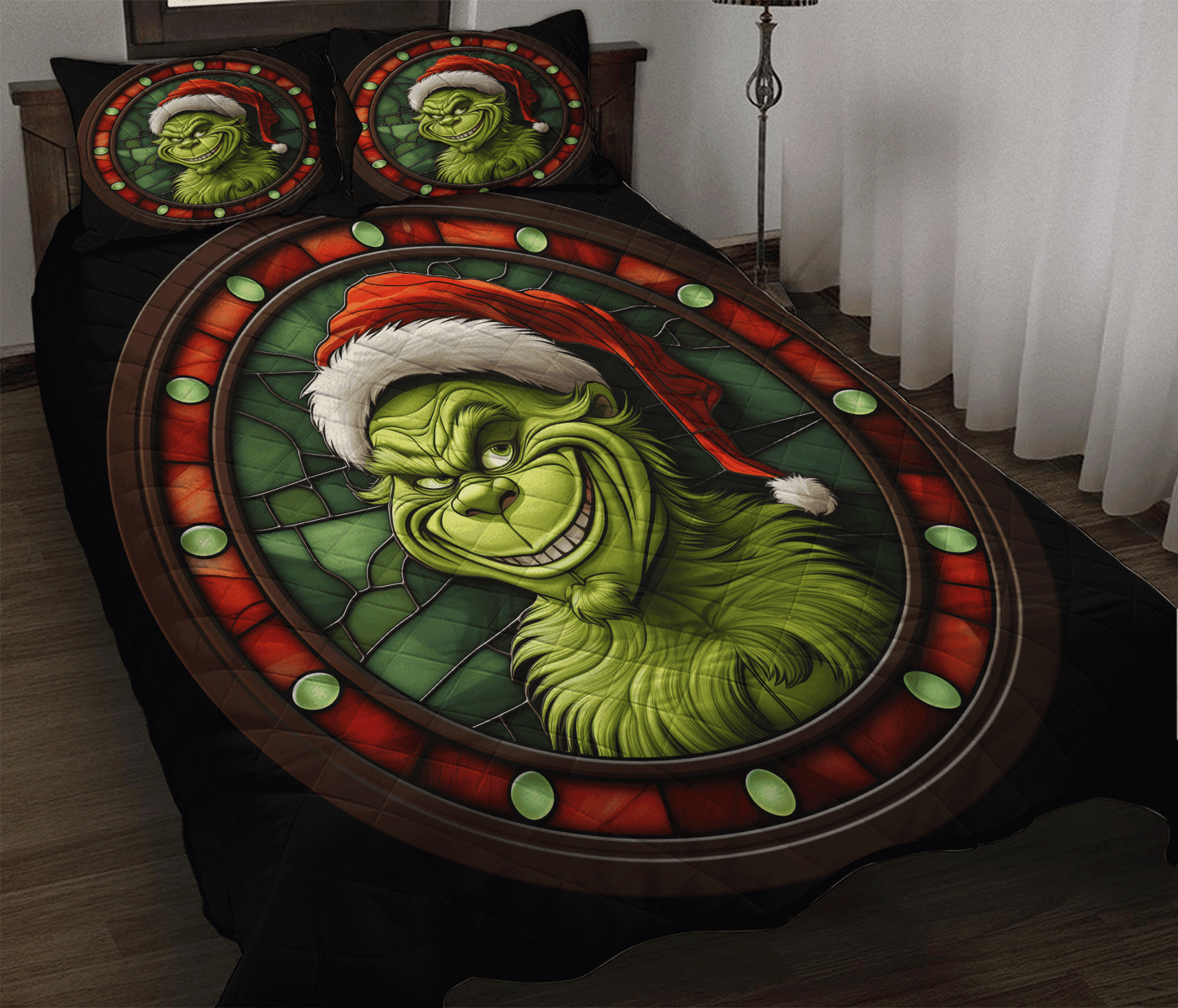 Personalized Grinch Christmas 3-pc Quilt Bedding Set – Stained Glass Design