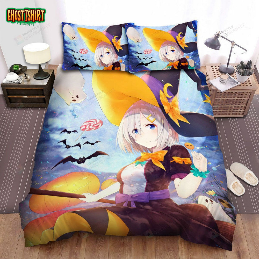 Halloween, Witch, Anime Witch And Broom Bed Sheets Spread Duvet Cover Bedding Set