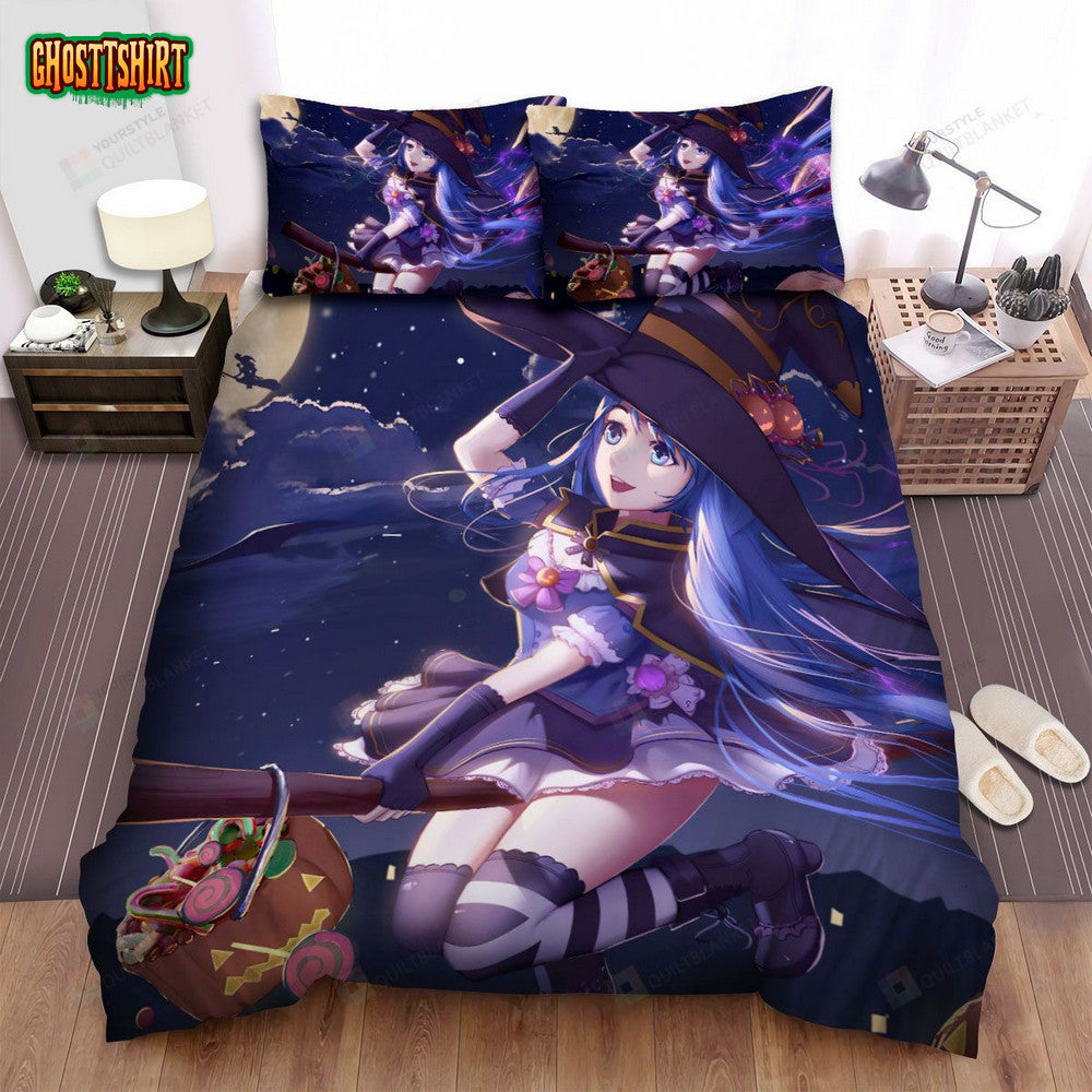 Halloween, Witch, On Her Way Anime Witch Bed Sheets Spread Duvet Cover Bedding Set