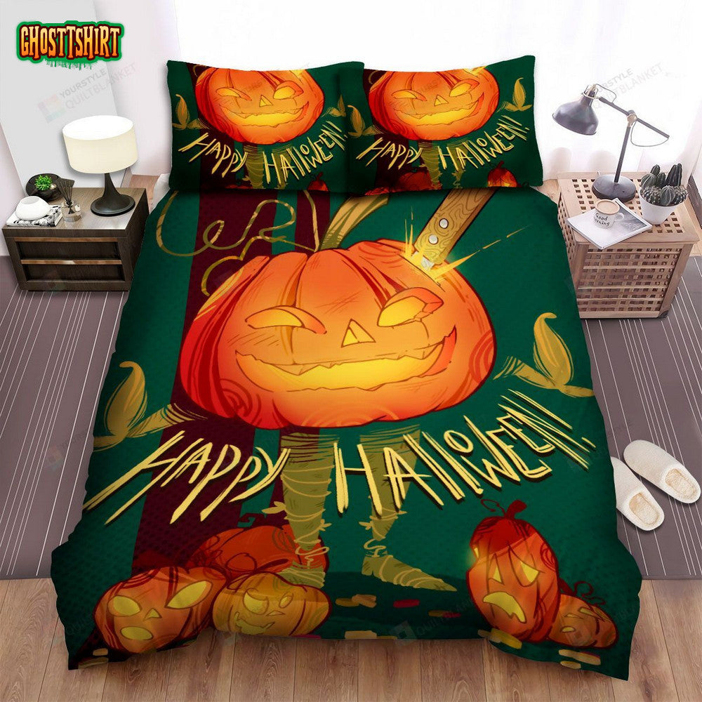 Happy Halloween With Cartoon Jack-O-Lantern Bed Sheets Spread Duvet Cover Bedding Set