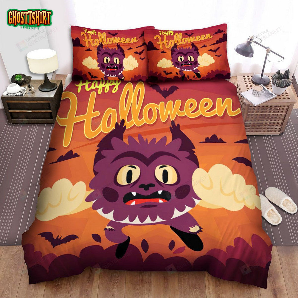 Happy Halloween With Cartoon Werewolf Bed Sheets Spread Duvet Cover Bedding Set