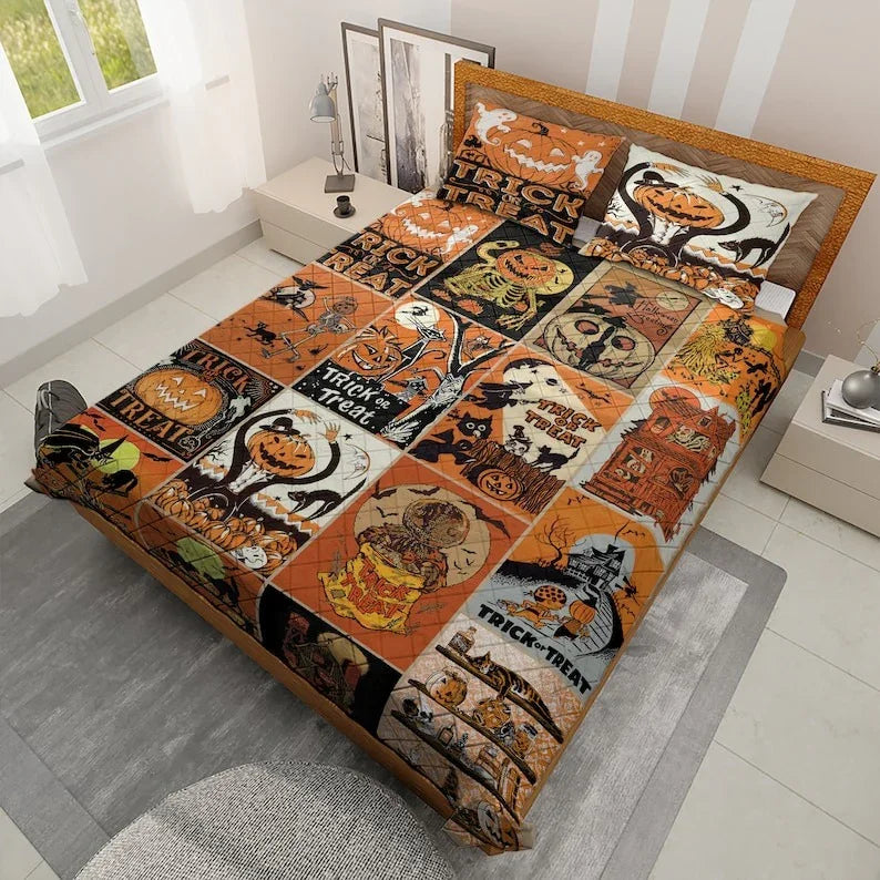 Personalized Vintage Retro Spooky Halloween 3-Piece Quilt Bedding Set With Pillowcases