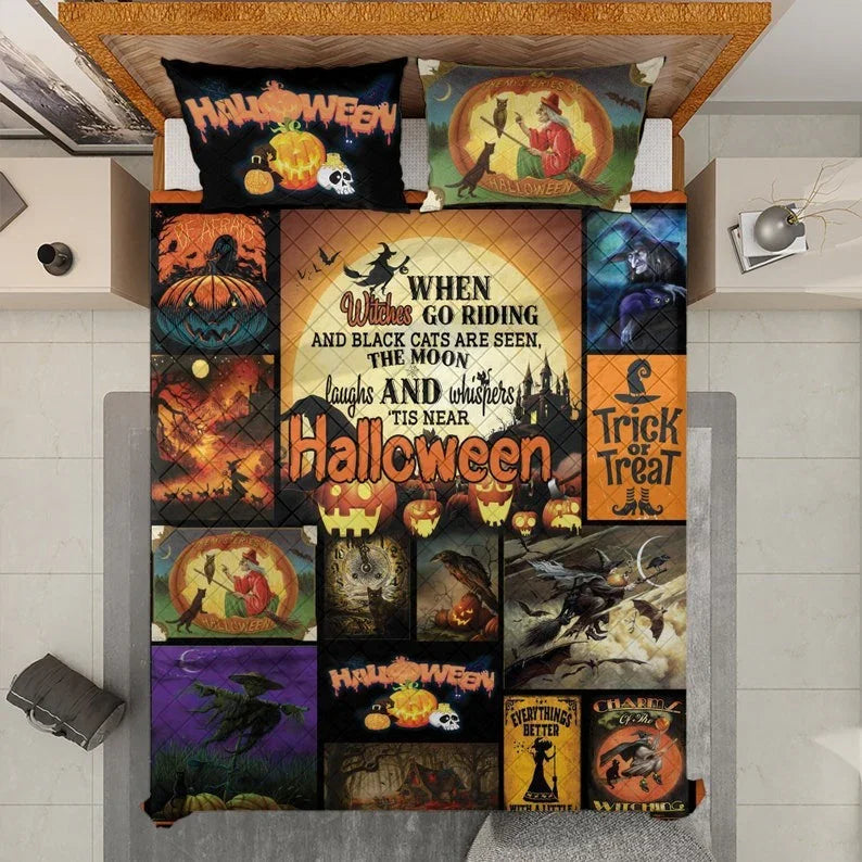 Personalized Vintage Witch Halloween 3-Piece Quilt Bedding Set With Pillowcases