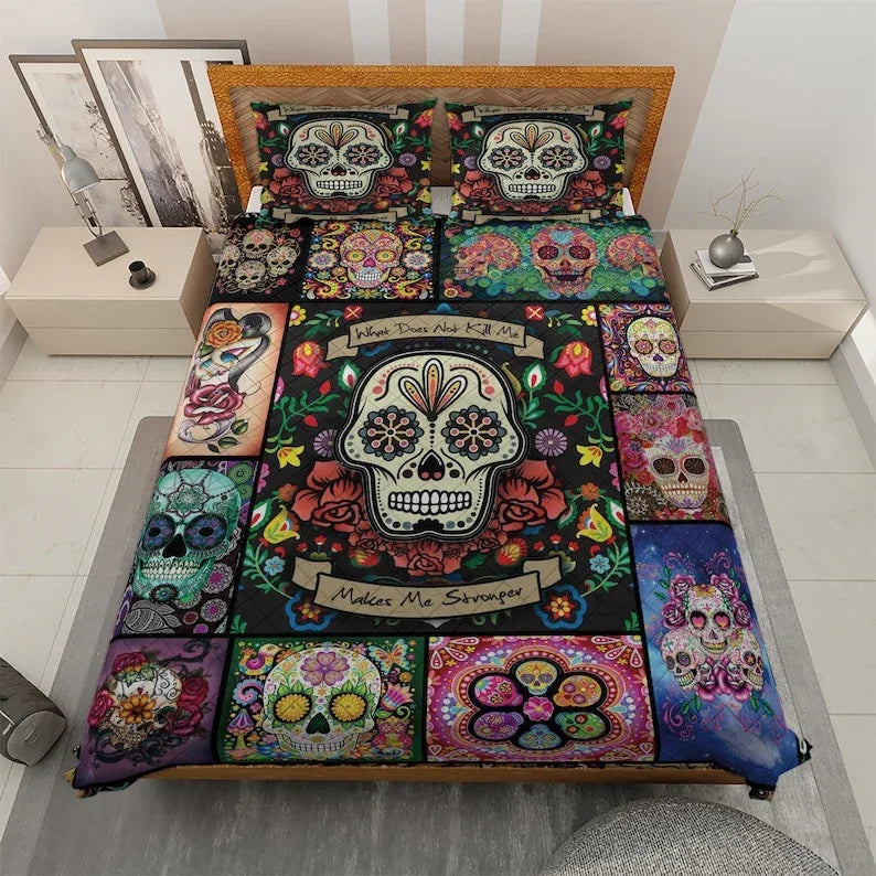 Personalized Vintage Sugar Skull Halloween 3-Piece Quilt Bedding Set With Pillowcases