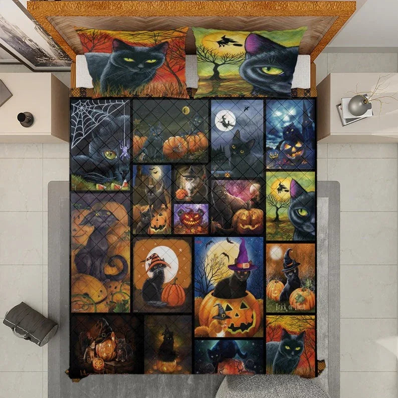 Personalized Vintage Black Witch Cat Halloween 3-Piece Quilt Bedding Set With Pillowcases