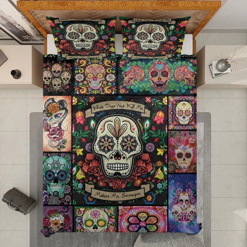 Personalized Vintage Sugar Skull Halloween 3-Piece Quilt Bedding Set With Pillowcases
