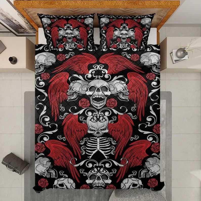 Personalized Retro Skul Halloween 3-Piece Quilt Bedding Set With Pillowcases