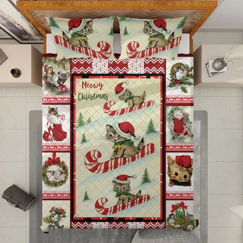 Personalized Vintage Cute Cats Meowy Christmas 3-Piece Quilt Bedding Set With Pillowcases