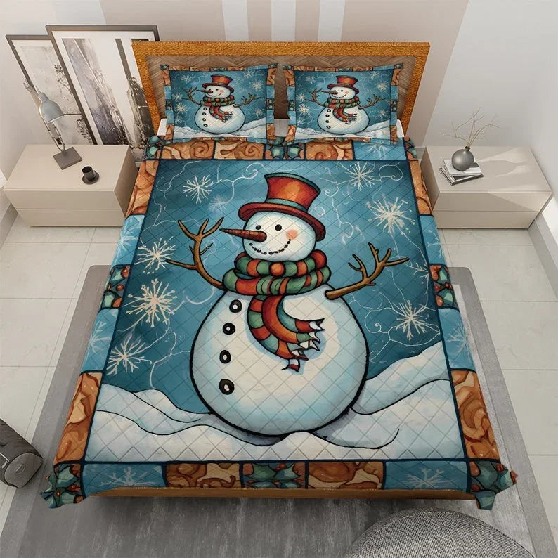 Personalized Snowman Stained Glass Style 3-Piece Christmas Quilt Bedding Set With Pillowcases
