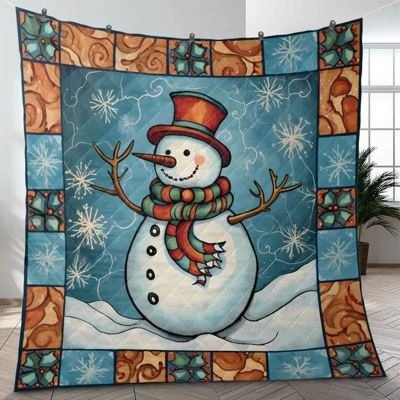 Personalized Snowman Stained Glass Style 3-Piece Christmas Quilt Bedding Set With Pillowcases
