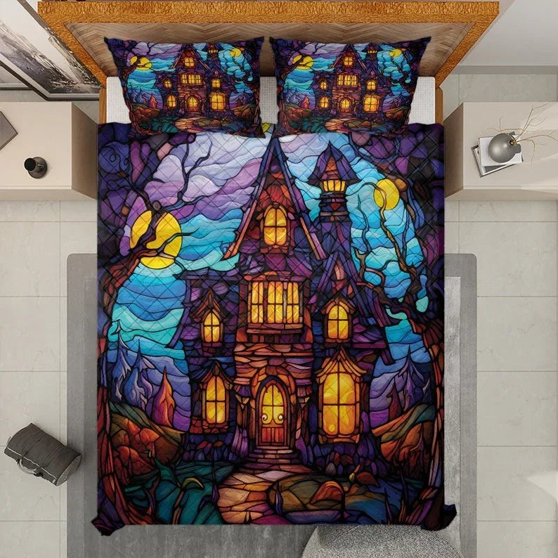 Personalized Vintage Retro Haunted House Halloween 3-Piece Quilt Bedding Set With Pillowcases