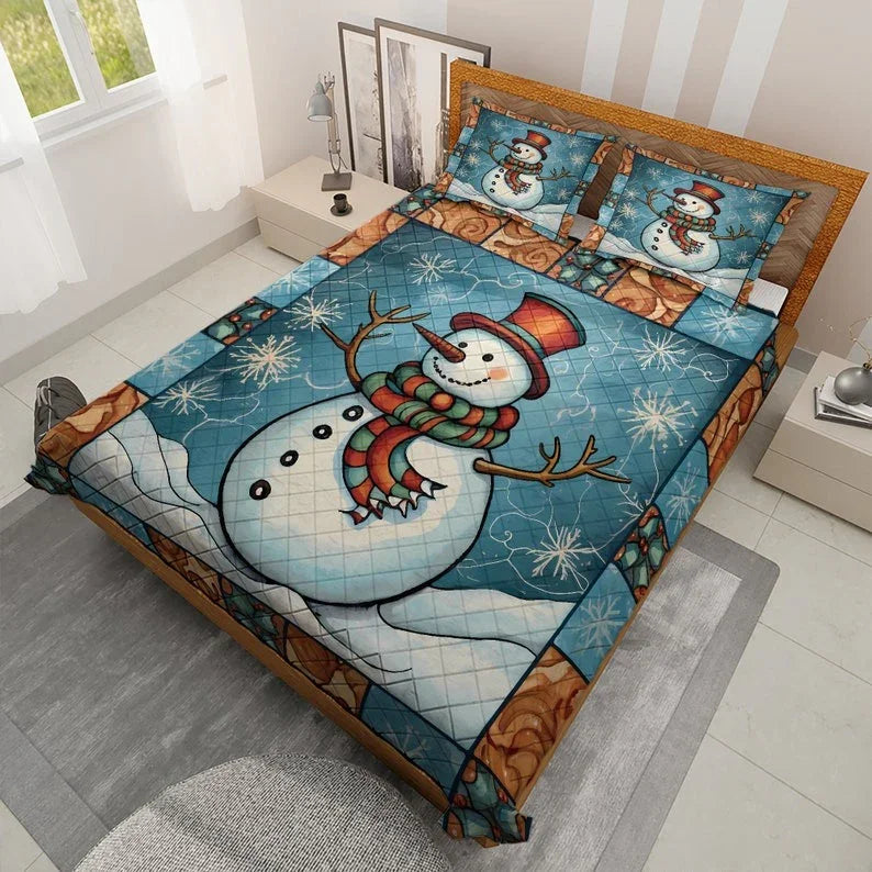 Personalized Snowman Stained Glass Style 3-Piece Christmas Quilt Bedding Set With Pillowcases