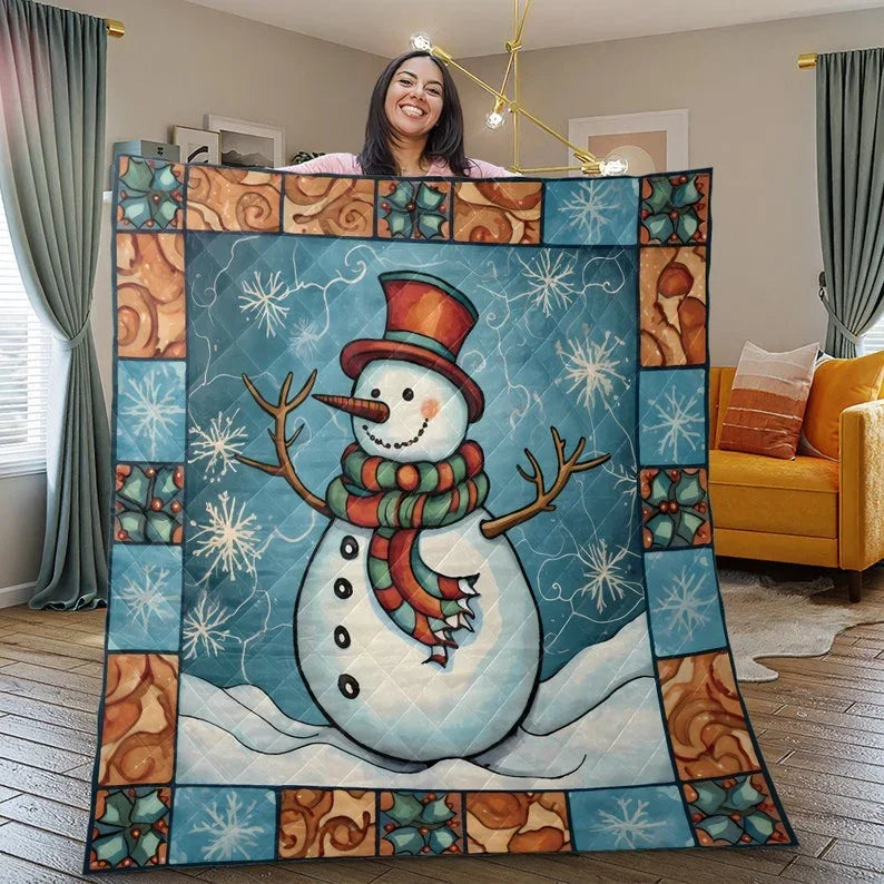 Personalized Snowman Stained Glass Style 3-Piece Christmas Quilt Bedding Set With Pillowcases