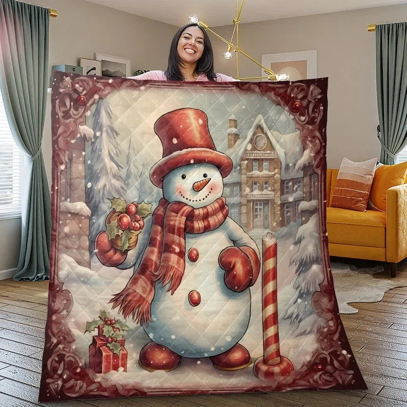 Personalized Retro Snowman Christmas 3-Piece Quilt Bedding Set With Pillowcases
